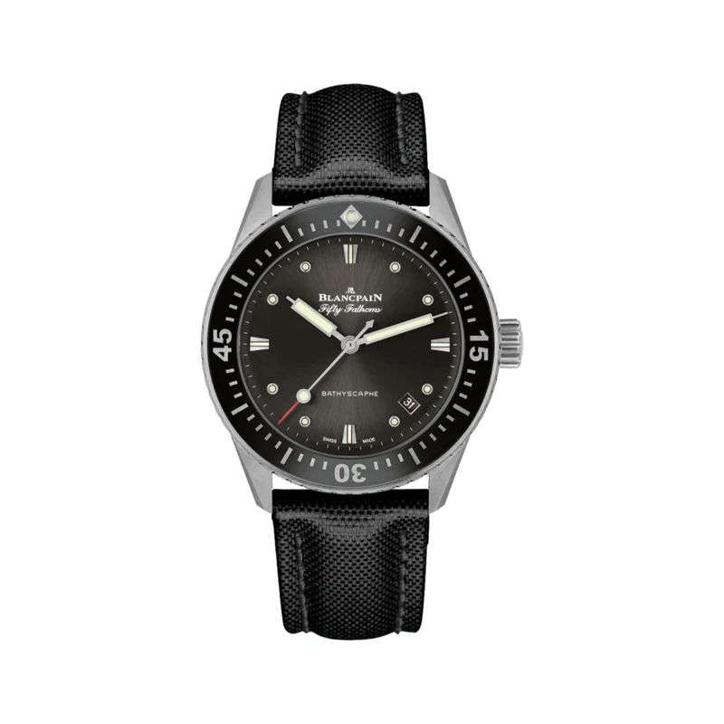 Fifty Fathoms Bathyscaphe Steel and Black Bezel 38mm - Grey on Sail-canvas Strap