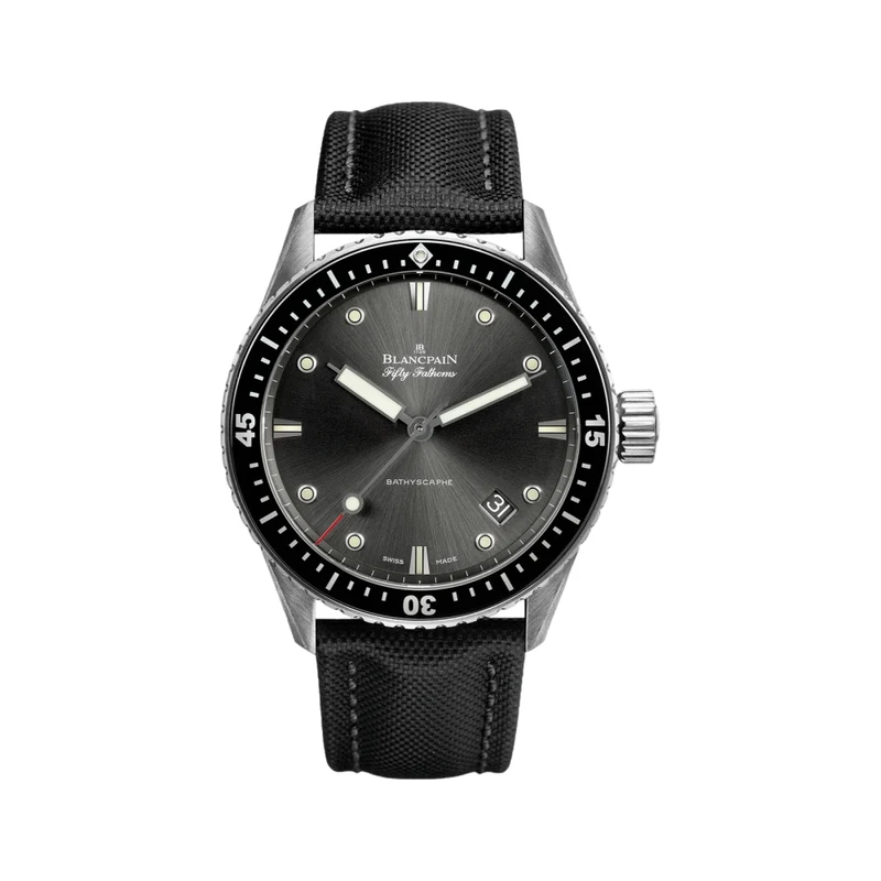 Fifty Fathoms Bathyscaphe Steel and Black Bezel 43mm - Grey on Sail-Canvas Strap