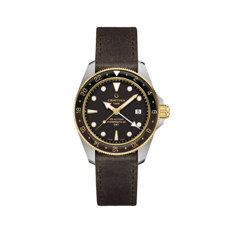 DS Action GMT Powermatic 80 Gold PVD 41mm - Black Dial on Strap