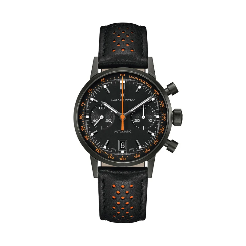 American Classic Intra-Matic Auto Chrono PVD 40mm - Black on Leather Strap with Orange Detailing