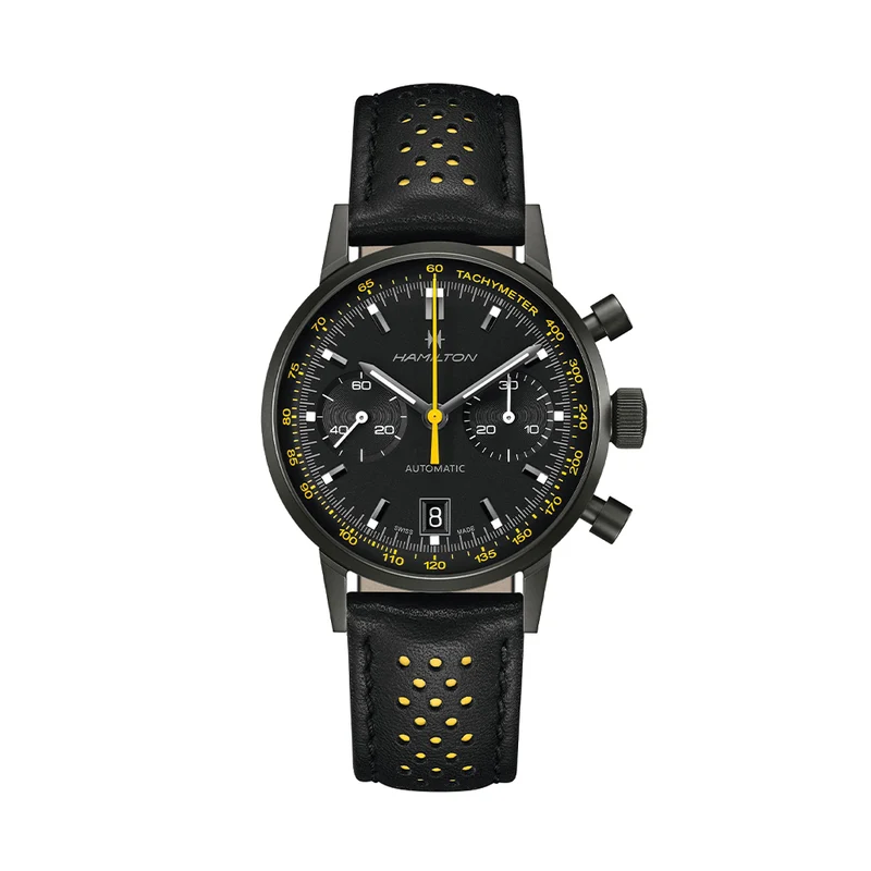 American Classic Intra-Matic Auto Chrono PVD 40mm - Black on Leather Strap with Yellow Detailing