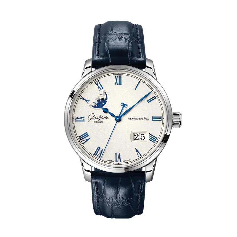 Senator Excellence Panorama Date Moon Phase 40mm - Silver on Leather Strap