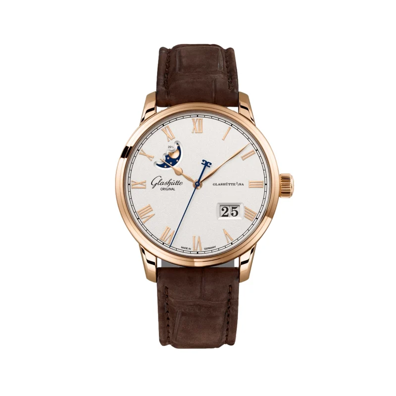 Senator Excellence Panorama Date Moon Phase Automatic Red Gold 40mm - Silver on Leather Strap