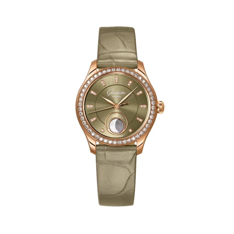 Serenade Luna Automatic Diamond Red Gold 32.5mm - Green on Leather Strap