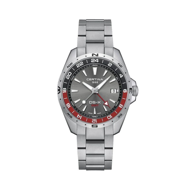DS-X “New DS Concept Extreme Shock Resistance” GMT Quartz 41mm - Grey w/ Red Bezel on Bracelet