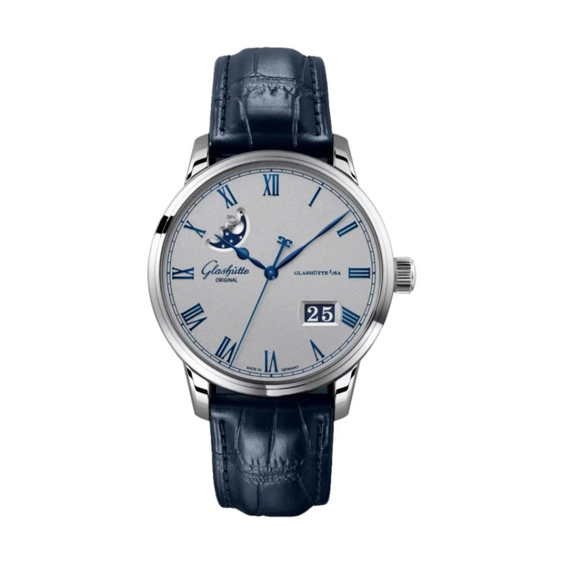 Senator Excellence Panorama Date Moon Phase 40mm - Varnish Silver-Grainé on Strap
