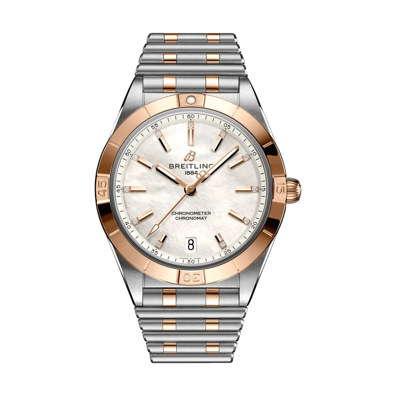 Chronomat Automatic Steel and 18K Red Gold 36mm - White, Mother-of-Pearl w/ Diamonds on Bracelet