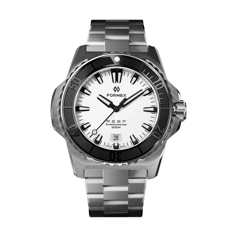 REEF Automatic Chronometer COSC 300M Black Bezel 42mm - White on Bracelet