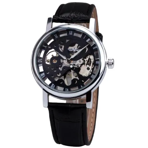 Black & Silver Hand-Wind Skeleton Watch