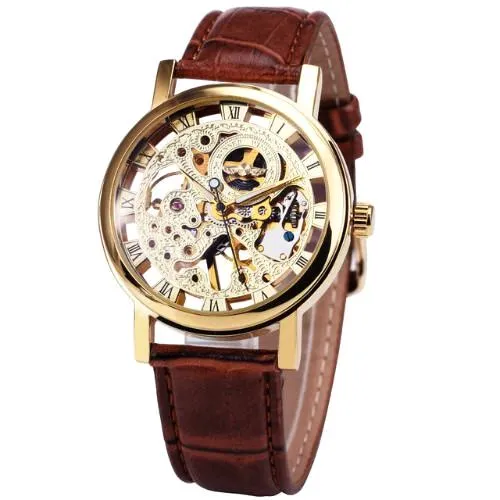 Brown & Gold Mechanical Skeleton Watch