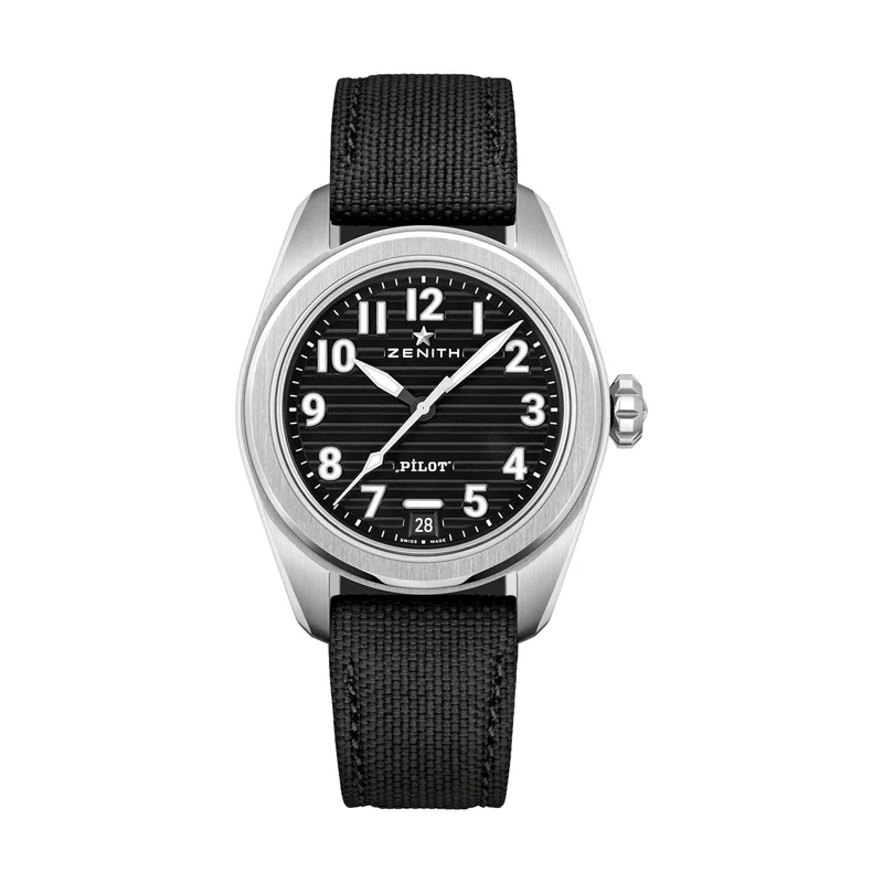 Pilot Central Second and Date 40mm - Black on Codura-Effect Rubber Strap and Extra Leather Strap