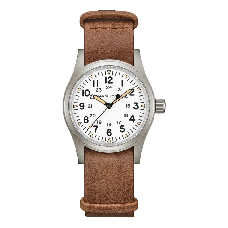 Khaki Field Mechanical 38mm - White on Leather strap