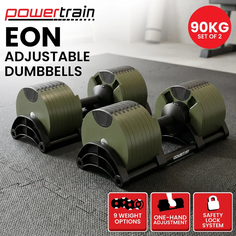 Powertrain Eon 90kg Adjustable Dumbbells Pair (2x 45kg) Quick Dial Strength Training Free Weights for Home Gym, Green