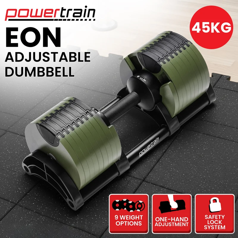 Powertrain Eon 45kg Adjustable Dumbbell Fast Dial Selector 5-45kg Home Gym Strength Training Free Weight - Green