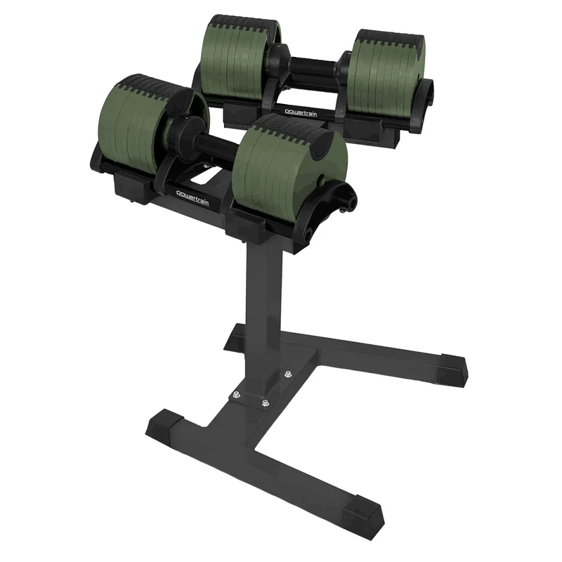 Powertrain Eon 90kg Adjustable Dumbbells Pair with Stand 5-45kg Quick Dial Weight Set for Home Gym Strength Training