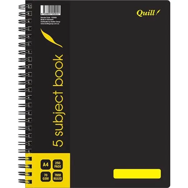 Quill Q596 5-Subject Note Book Spiralbound 70Gsm 250 Page A4