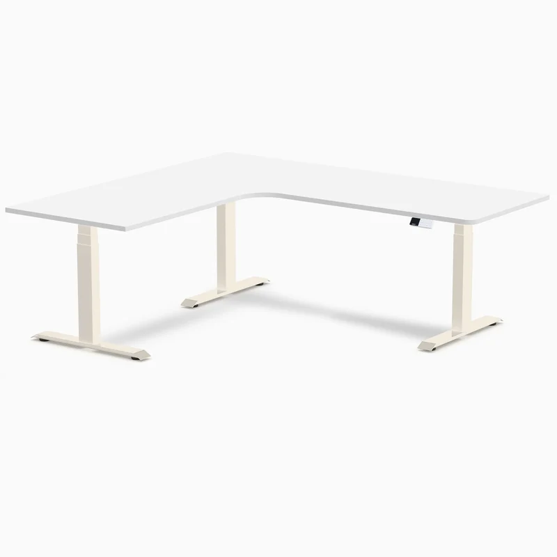 Desky L-Shape Melamine Sit Stand Desk 200cm - Left Return White Top and Wheat Leg